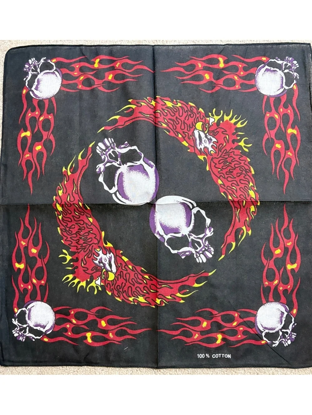 Cotton Bandana with Flaming Skull Design - Black Red Yellow